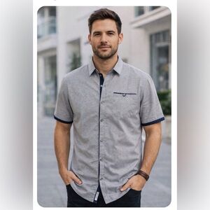 Craft + Flow Men’s Short Sleeve Button Down Shirt Gray Contrast Trim Size XL